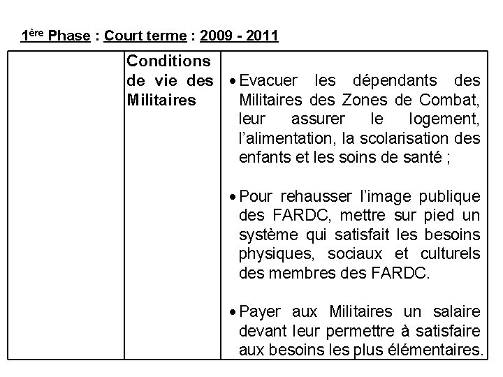 1ère Phase : Court terme : 2009 - 2011 Conditions de vie des Evacuer
