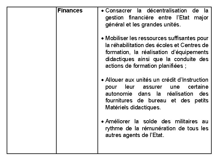 Finances Consacrer la décentralisation de la gestion financière entre l’Etat major général et les