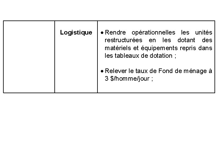 Logistique Rendre opérationnelles unités restructurées en les dotant des matériels et équipements repris dans