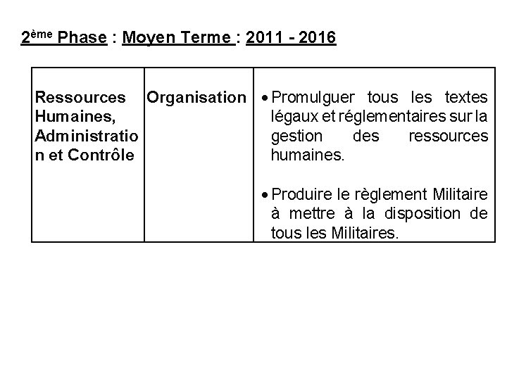 2ème Phase : Moyen Terme : 2011 - 2016 Ressources Organisation Promulguer tous les