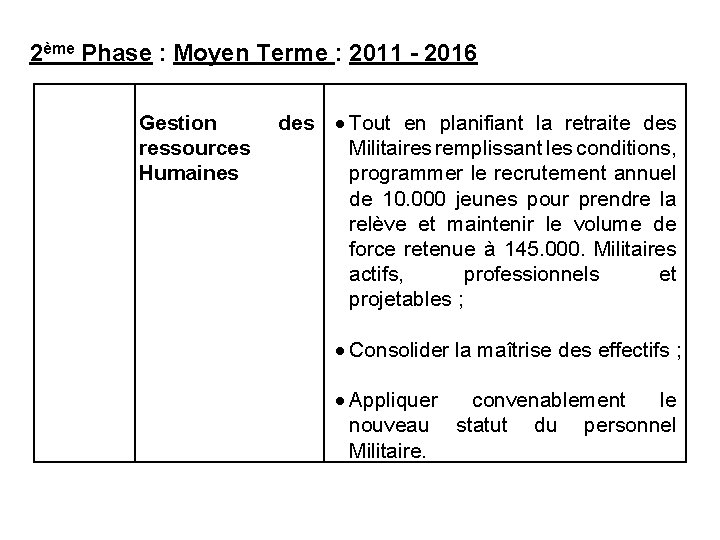 2ème Phase : Moyen Terme : 2011 - 2016 Gestion ressources Humaines des Tout