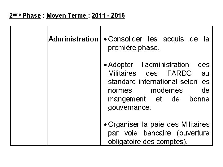 2ème Phase : Moyen Terme : 2011 - 2016 Administration Consolider les acquis de