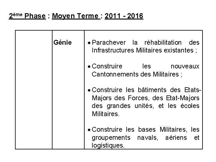 2ème Phase : Moyen Terme : 2011 - 2016 Génie Parachever la réhabilitation des