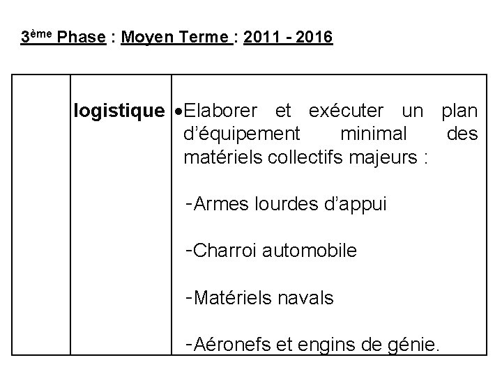 3ème Phase : Moyen Terme : 2011 - 2016 logistique Elaborer et exécuter un