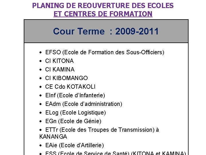 PLANING DE REOUVERTURE DES ECOLES ET CENTRES DE FORMATION Cour Terme : 2009 -2011