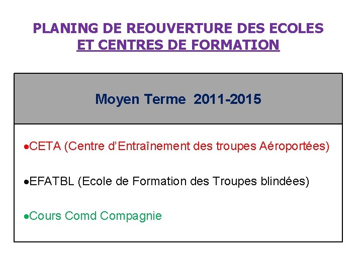 PLANING DE REOUVERTURE DES ECOLES ET CENTRES DE FORMATION Moyen Terme 2011 -2015 CETA