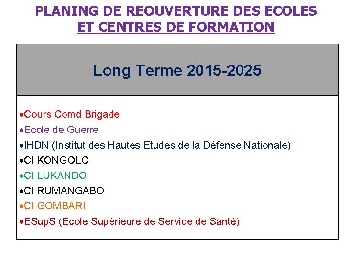 PLANING DE REOUVERTURE DES ECOLES ET CENTRES DE FORMATION Long Terme 2015 -2025 Cours