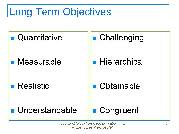 Long Term Objectives n Quantitative n Challenging n Measurable n Hierarchical n Realistic n