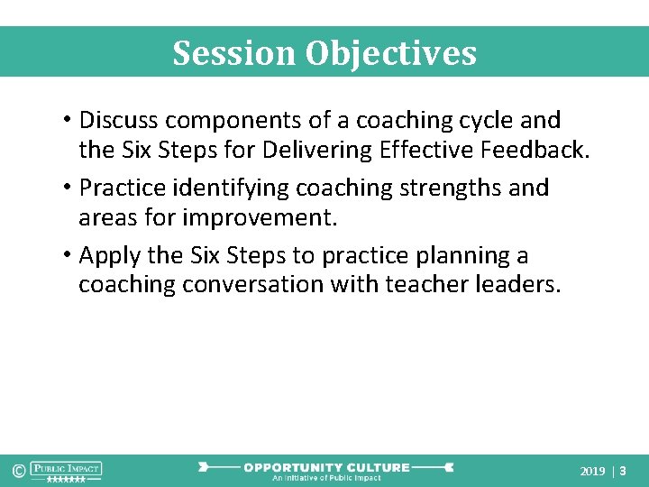 Session Objectives • Discuss components of a coaching cycle and the Six Steps for