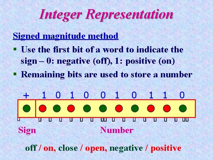 Integer Representation Signed magnitude method § Use the first bit of a word to