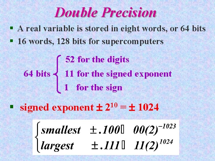 Double Precision § A real variable is stored in eight words, or 64 bits