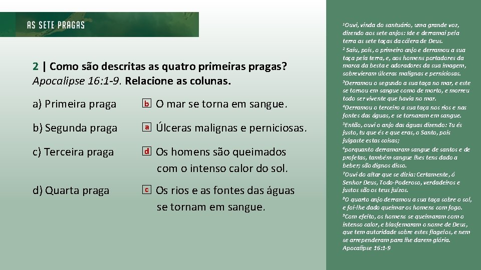 Ouvi, vinda do santuário, uma grande voz, dizendo aos sete anjos: Ide e derramai