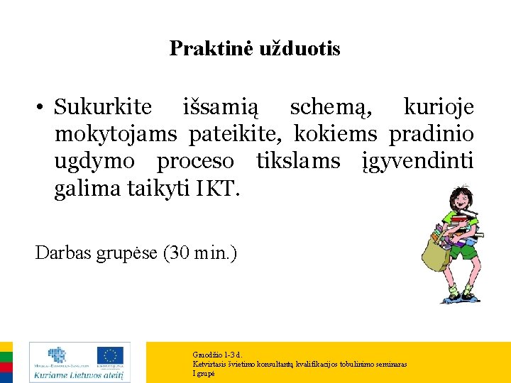 Praktinė užduotis • Sukurkite išsamią schemą, kurioje mokytojams pateikite, kokiems pradinio ugdymo proceso tikslams Praktinė užduotis • Sukurkite išsamią schemą, kurioje mokytojams pateikite, kokiems pradinio ugdymo proceso tikslams