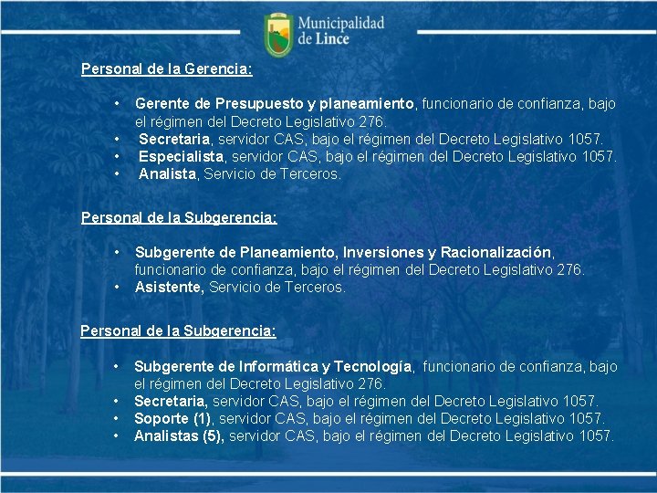 Personal de la Gerencia: • • Gerente de Presupuesto y planeamiento, funcionario de confianza,