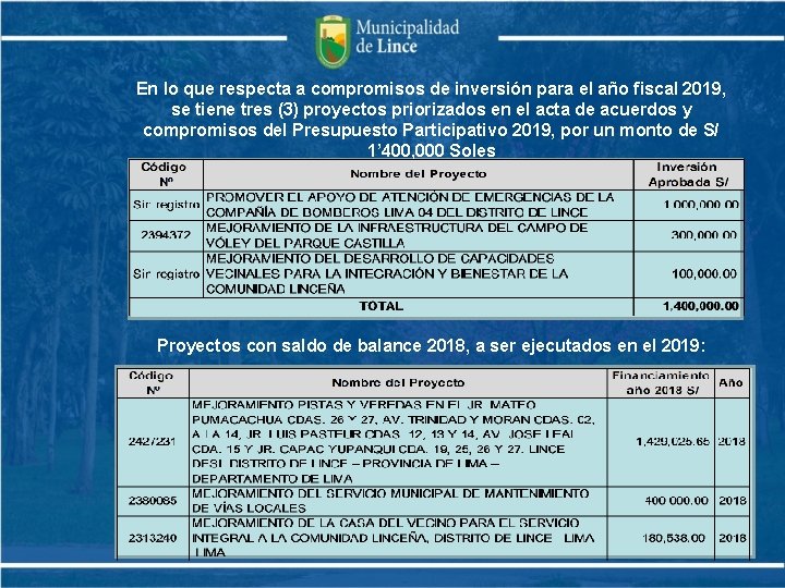 En lo que respecta a compromisos de inversión para el año fiscal 2019, se