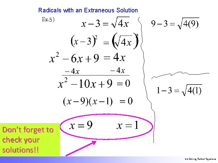 Radicals with an Extraneous Solution Ex. 5) Don’t forget to check your solutions!! 6.