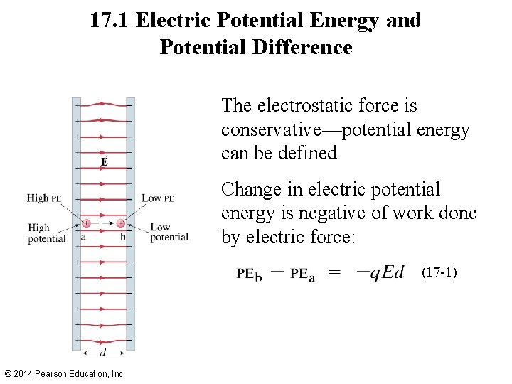 17. 1 Electric Potential Energy and Potential Difference The electrostatic force is conservative—potential energy