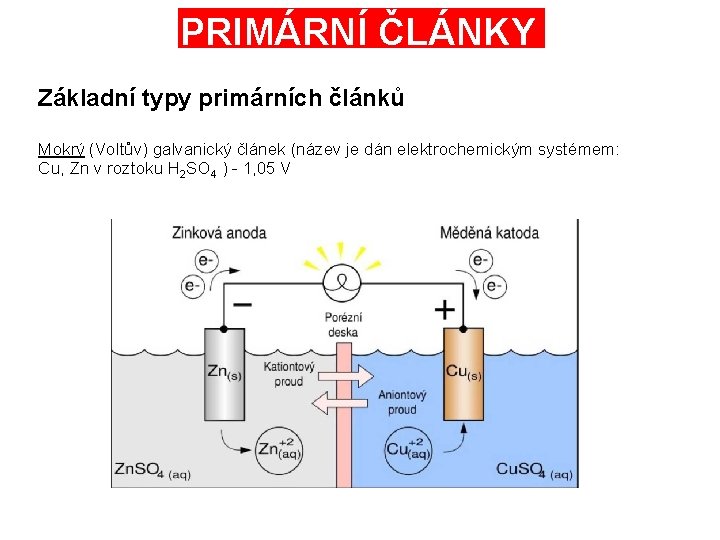 PRIMÁRNÍ ČLÁNKY Základní typy primárních článků Mokrý (Voltův) galvanický článek (název je dán elektrochemickým