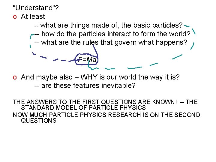 “Understand”? o At least -- what are things made of, the basic particles? --