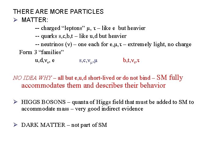 THERE ARE MORE PARTICLES Ø MATTER: -- charged “leptons” µ, τ – like e