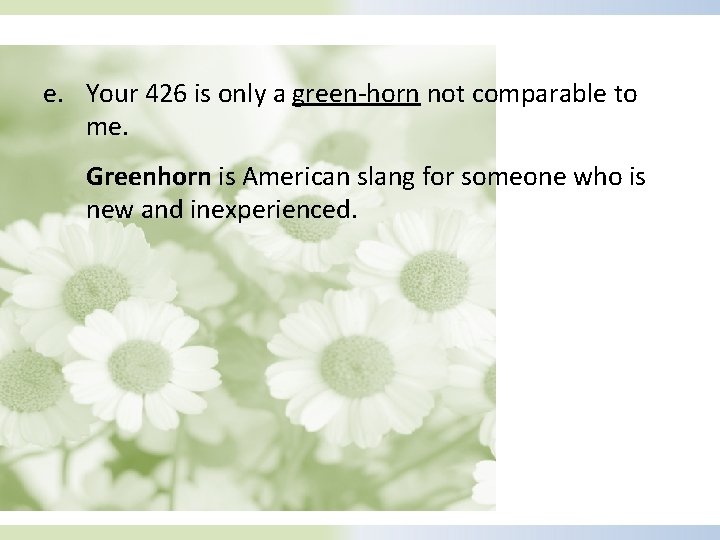 e. Your 426 is only a green-horn not comparable to me. Greenhorn is American