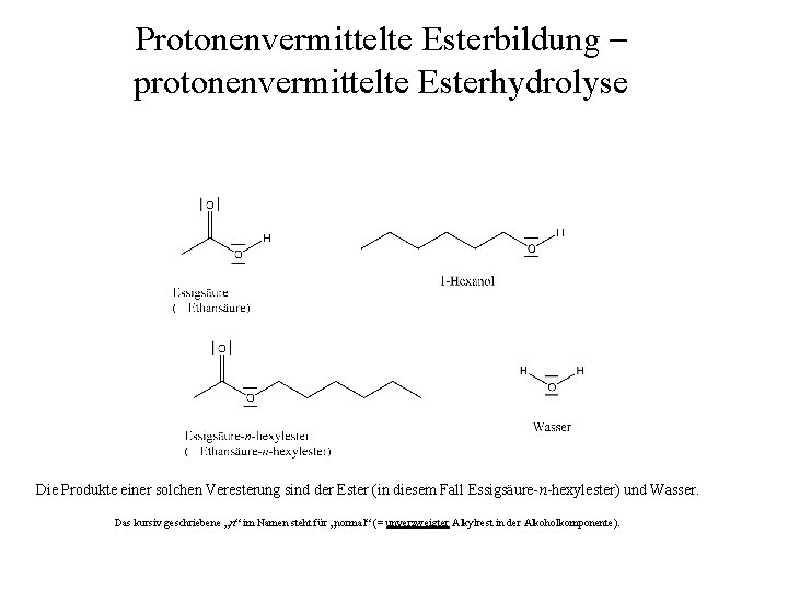 Protonenvermittelte Esterbildung – protonenvermittelte Esterhydrolyse Die Produkte einer solchen Veresterung sind der Ester (in