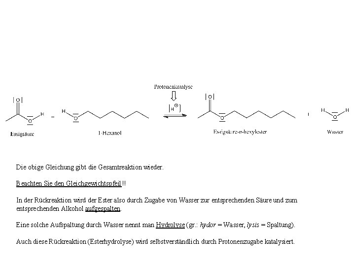 Die obige Gleichung gibt die Gesamtreaktion wieder. Beachten Sie den Gleichgewichtspfeil!! In der Rückreaktion