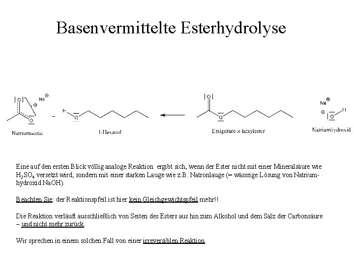 Basenvermittelte Esterhydrolyse Eine auf den ersten Blick völlig analoge Reaktion ergibt sich, wenn der