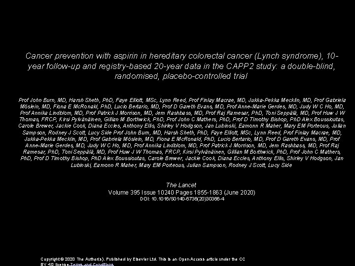 Cancer prevention with aspirin in hereditary colorectal cancer (Lynch syndrome), 10 year follow-up and