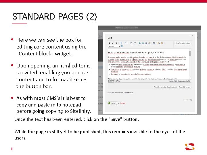 STANDARD PAGES (2) Here we can see the box for editing core content using
