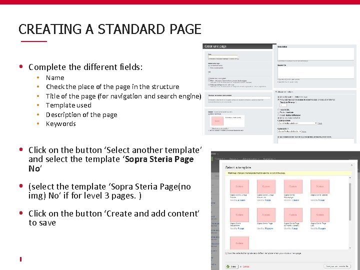 CREATING A STANDARD PAGE Complete the different fields: Name Check the place of the