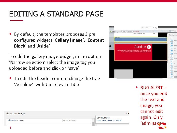 EDITING A STANDARD PAGE By default, the templates proposes 3 pre configured widgets Gallery