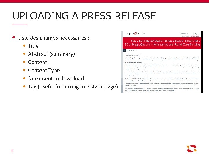 UPLOADING A PRESS RELEASE Liste des champs nécessaires : Title Abstract (summary) Content Type