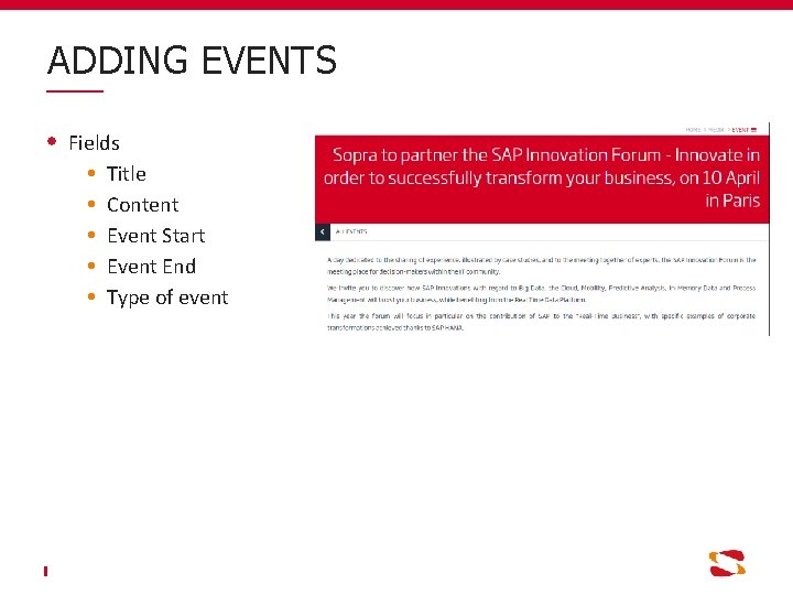 ADDING EVENTS Fields Title Content Event Start Event End Type of event 