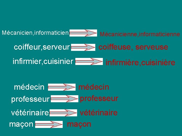 Mécanicien, informaticien coiffeur, serveur infirmier, cuisinier médecin Mécanicienne, informaticienne coiffeuse, serveuse infirmière, cuisinière professeur