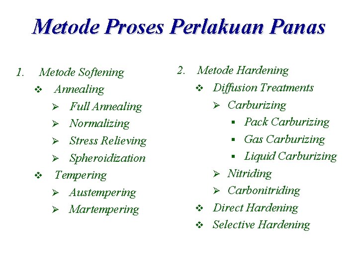 Metode Proses Perlakuan Panas 1. Metode Softening v Annealing Ø Full Annealing Ø Normalizing