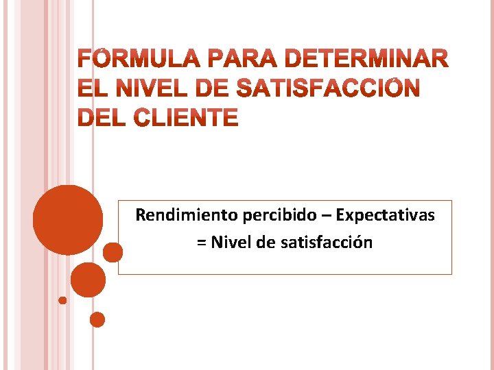 Rendimiento percibido – Expectativas = Nivel de satisfacción 