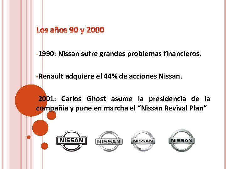  • 1990: Nissan sufre grandes problemas financieros. • Renault • 2001: adquiere el