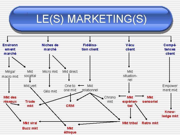 LE(S) MARKETING(S) Environn ement marché Méga/ macro mkt Niches de marché Mkt sociétal Micro