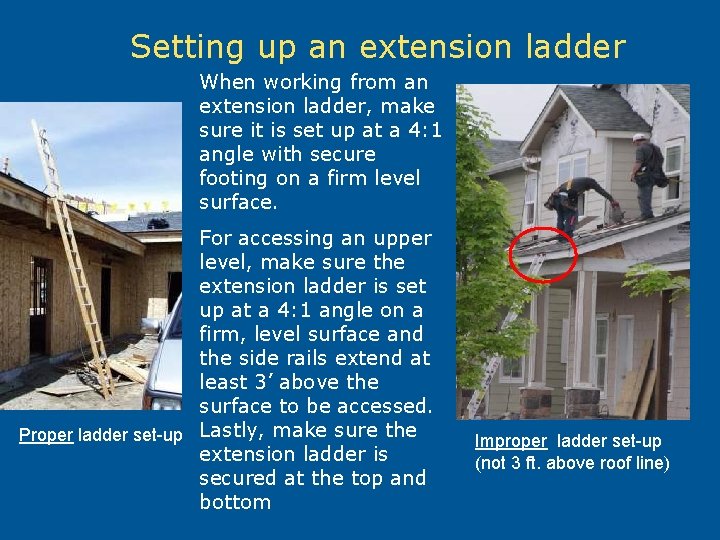 Setting up an extension ladder When working from an extension ladder, make sure it