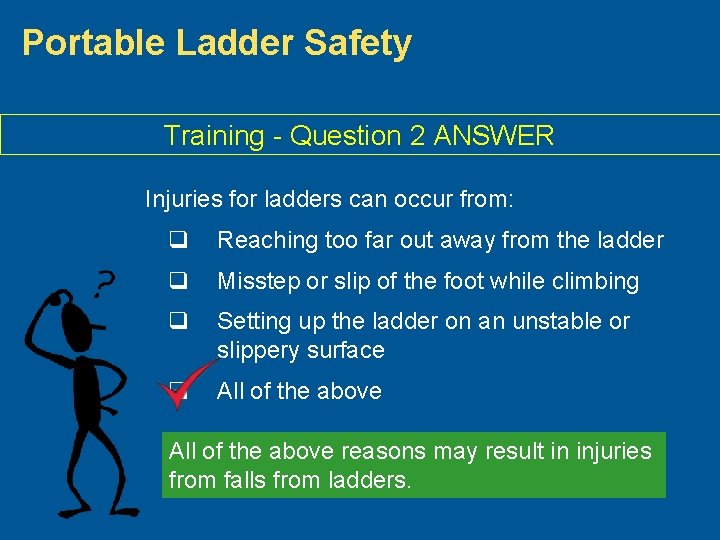 Portable Ladder Safety Training - Question 2 ANSWER Injuries for ladders can occur from: