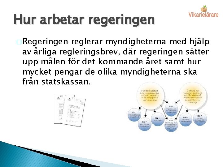 Hur arbetar regeringen � Regeringen reglerar myndigheterna med hjälp av årliga regleringsbrev, där regeringen