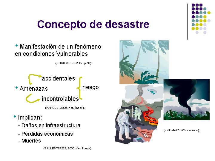 Concepto de desastre • Manifestación de un fenómeno en condiciones Vulnerables (RODRIGUEZ, 2007, p