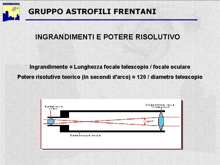 INGRANDIMENTI E POTERE RISOLUTIVO Ingrandimento = Lunghezza focale telescopio / focale oculare Potere risolutivo