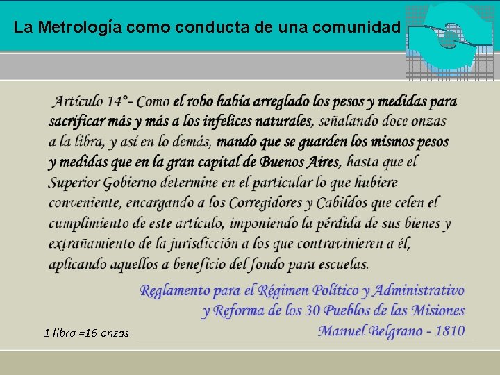 La Metrología como conducta de una comunidad 1 libra =16 onzas 