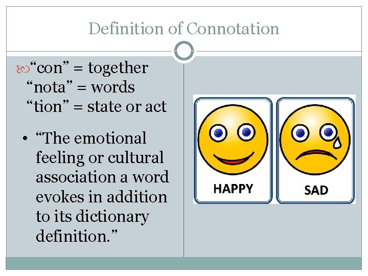Definition of Connotation “con” = together “nota” = words “tion” = state or act Definition of Connotation “con” = together “nota” = words “tion” = state or act