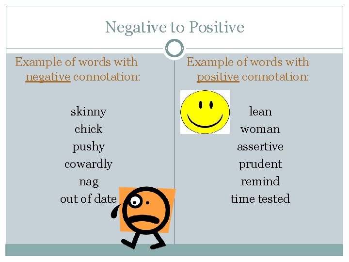 Negative to Positive Example of words with negative connotation: skinny chick pushy cowardly nag Negative to Positive Example of words with negative connotation: skinny chick pushy cowardly nag