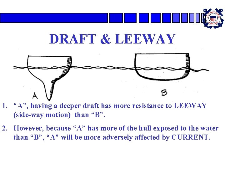 DRAFT & LEEWAY 1. “A”, having a deeper draft has more resistance to LEEWAY