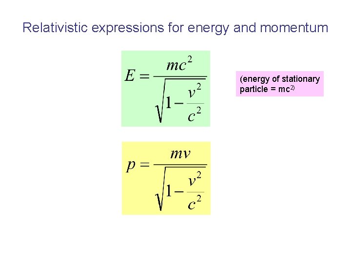 Relativistic expressions for energy and momentum (energy of stationary particle = mc 2) 