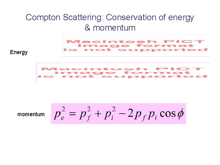 Compton Scattering: Conservation of energy & momentum Energy momentum 
